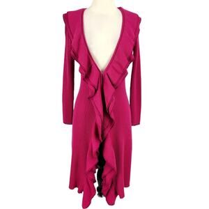 Trina Turk Ruffle Front Duster Cardigan Wool Sweater Fuchsia Hot Pink